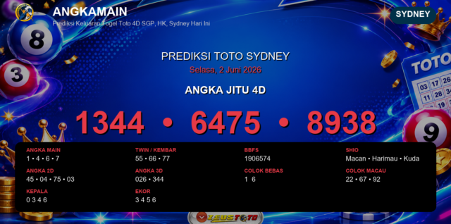 Prediksi togel Sydney hari ini lengkap 2D 3D 4D 2 Juni 2026