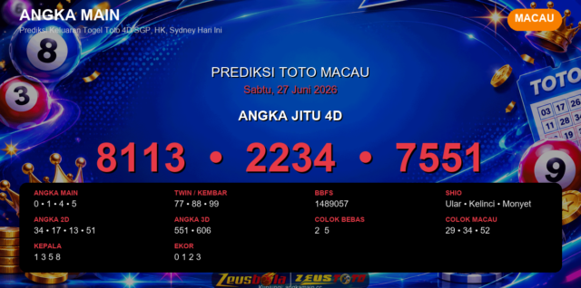 Prediksi togel Macau hari ini lengkap 2D 3D 4D 27 Juni 2026