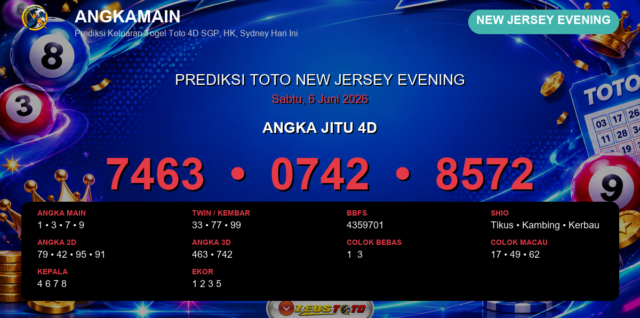 Prediksi togel New Jersey Evening hari ini lengkap 2D 3D 4D 6 Juni 2026