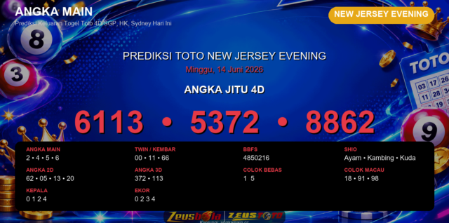 Prediksi togel New Jersey Evening hari ini lengkap 2D 3D 4D 14 Juni 2026