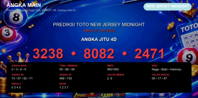 Prediksi togel New Jersey Midnight hari ini lengkap 2D 3D 4D 27 Juni 2026