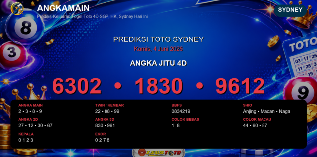 Prediksi togel Sydney hari ini lengkap 2D 3D 4D 4 Juni 2026