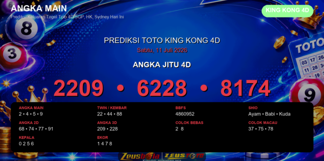 Prediksi togel King Kong 4D hari ini lengkap 2D 3D 4D 11 Juli 2026