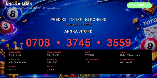 Prediksi togel King Kong 4D hari ini lengkap 2D 3D 4D 12 Juli 2026