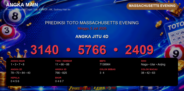 Prediksi togel Massachusetts Evening hari ini lengkap 2D 3D 4D 5 Juli 2026