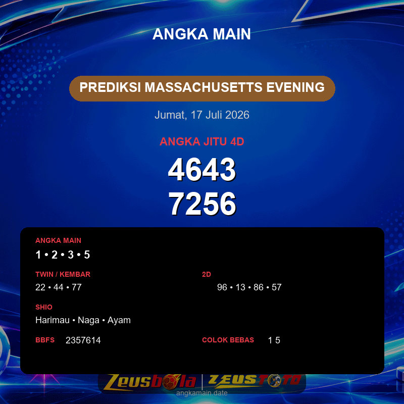 Prediksi togel Massachusetts Evening hari ini lengkap 2D 3D 4D 17 Juli 2026