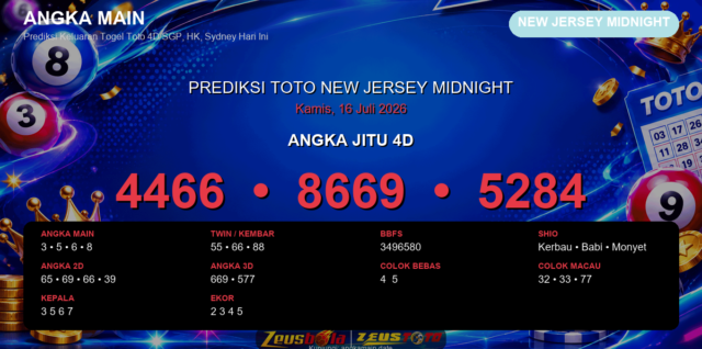 Prediksi togel New Jersey Midnight hari ini lengkap 2D 3D 4D 16 Juli 2026