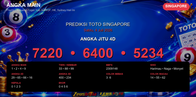 Prediksi togel Singapore hari ini lengkap 2D 3D 4D 4 Juli 2026